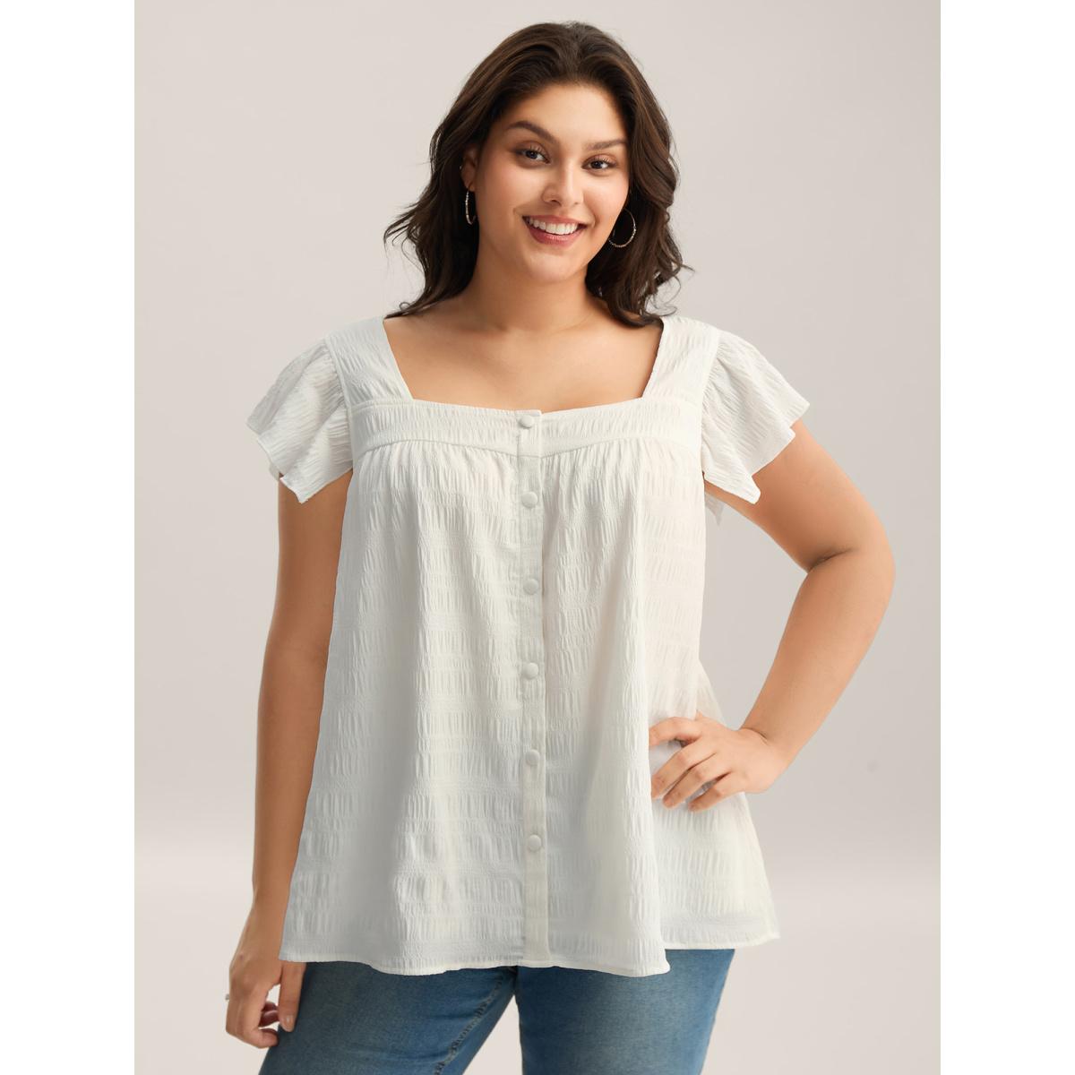 Plus Size Originalwhite Textured Flutter Sleeve Button Detail Blouse Women Cap Sleeve Square Neck Everyday-Casual Blouses BloomChic 10/M Product Image