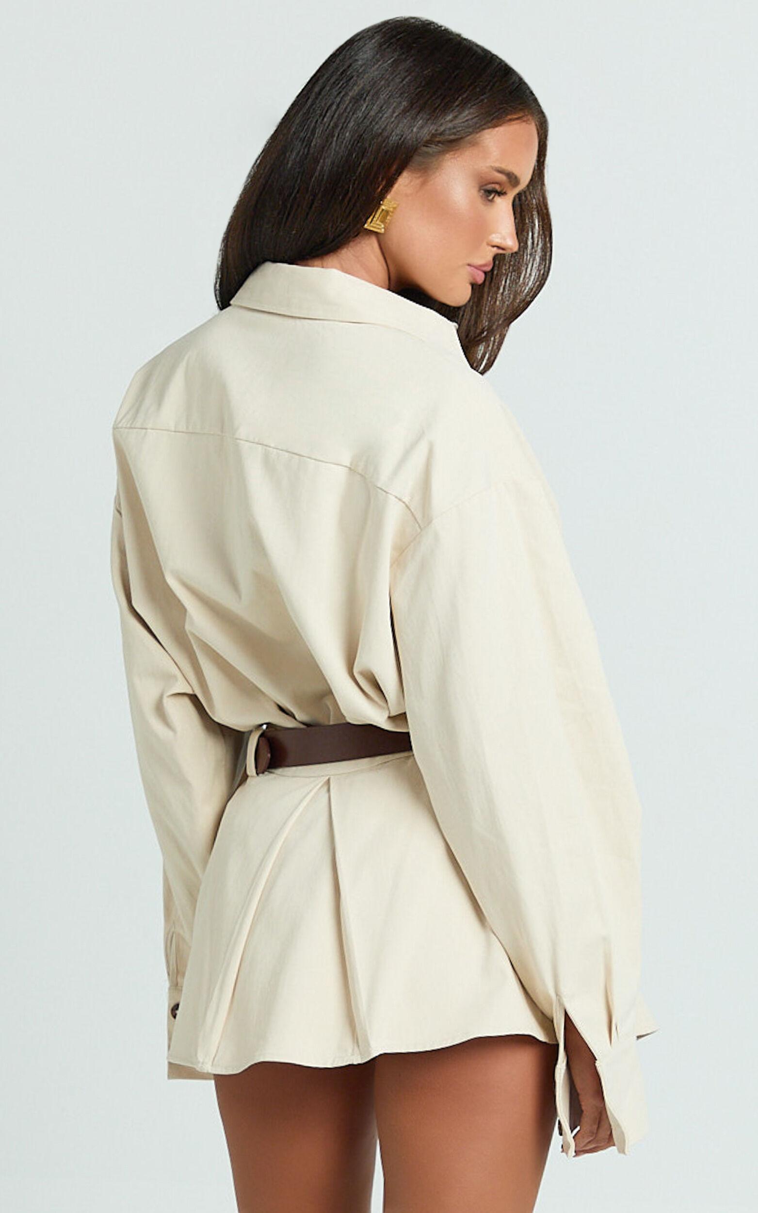 Tiffany Top - Long Sleeve Oversized Utility Button Down Shirt in Stone Product Image