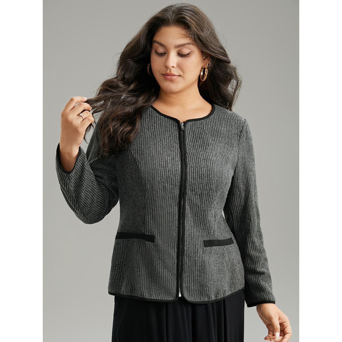 Plus Size Solid Textured Patchwork Zipper Pocket Blazer Women DimGray Office Texture Ladies Work Winter Coats BloomChic 18-20/2X Product Image