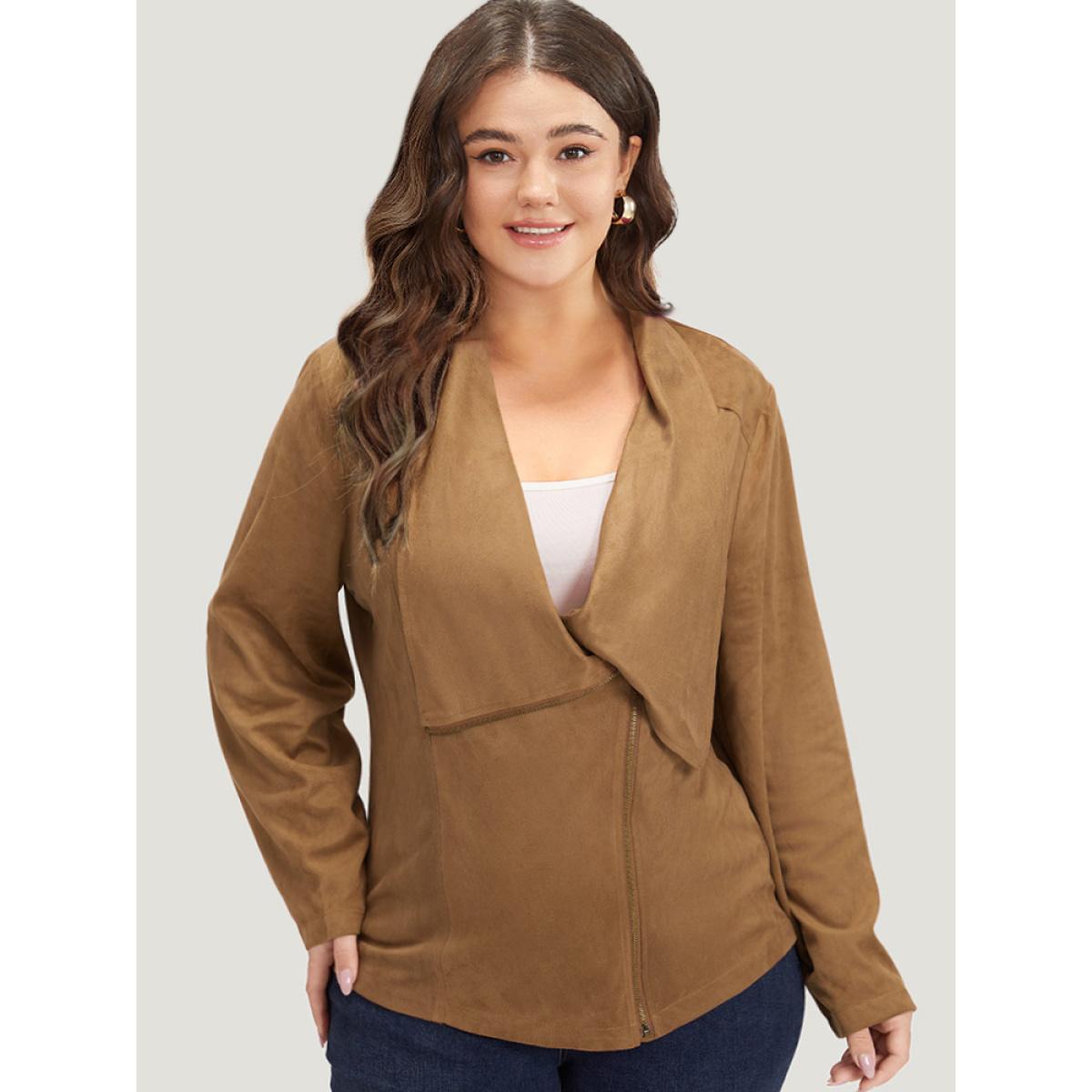Plus Size Plain Zipper Lapel Collar Jacket Women Bronze Casual Plain Ladies Dailywear Winter Coats BloomChic 12/L Product Image