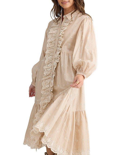 Talisman Garden Party Embroidered Eyelet Shirt Collar Long Sleeve Blouson Midi Dress Product Image