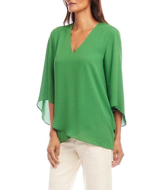 Karen Kane Silky Crepe V-Neck 3/4 Flare Sleeve Asymmetric Crossover Hem Top Product Image