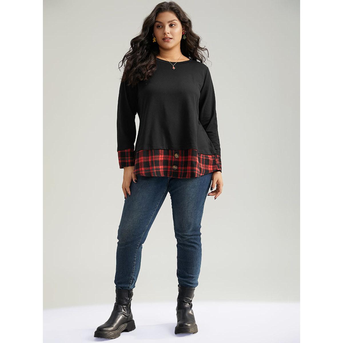 Plus Size PU Leather Patchwork Crew Neck Sweatshirt Women Scarlet Elegant Plain Round Neck Dailywear Sweatshirts BloomChic 30/6X Product Image