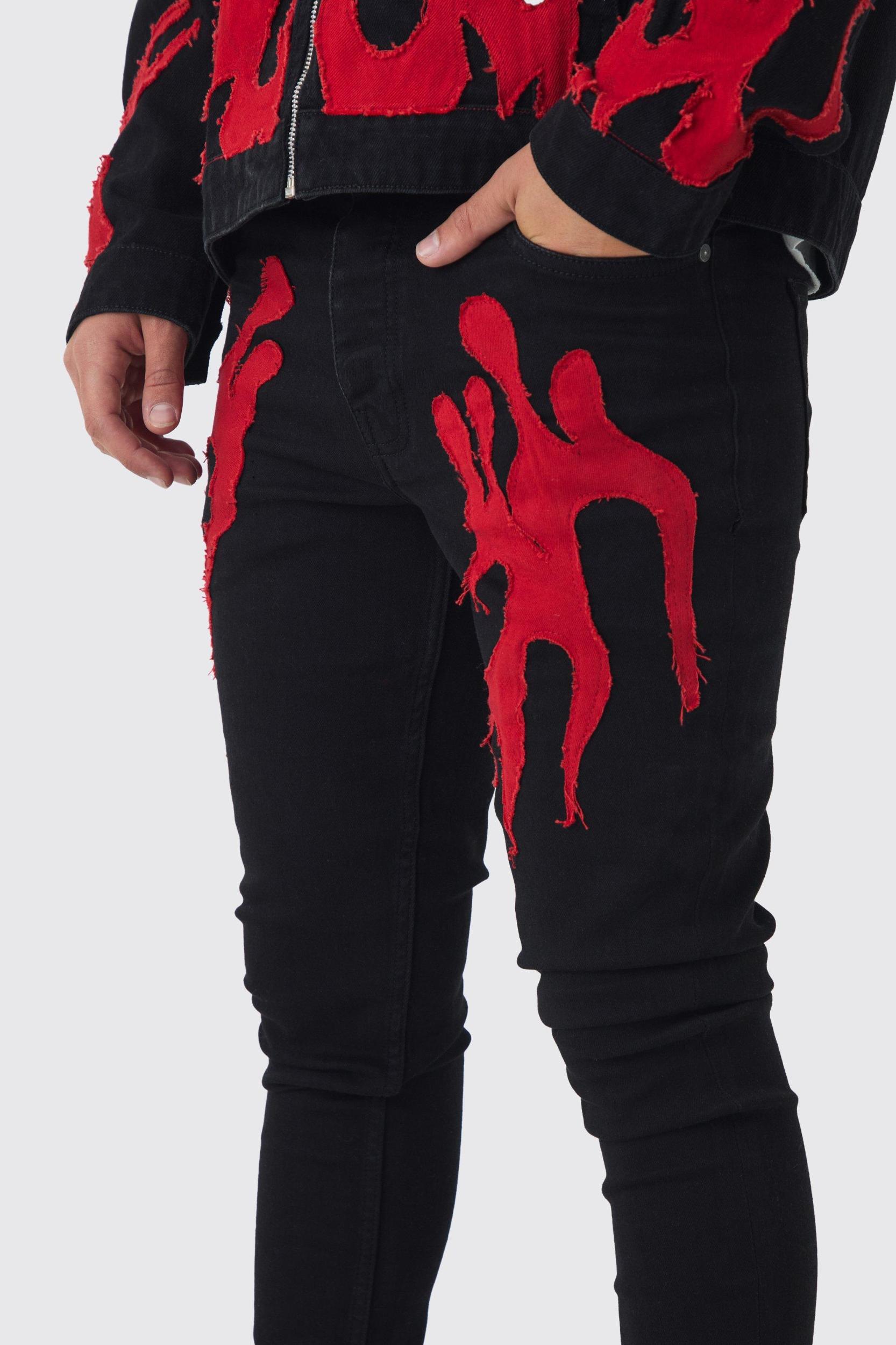 Skinny Stretch Stacked Flame Applique Denim Jeans | boohooMAN USA Product Image