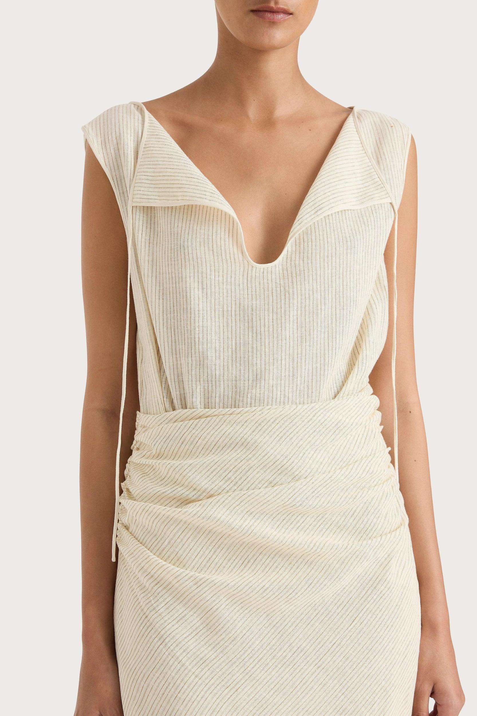 Aveline Dress Beige Pinstripe - Final Sale Product Image