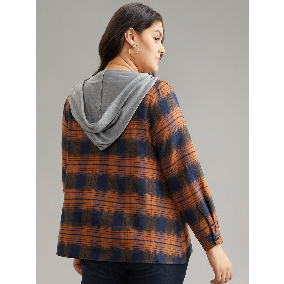 Plus Size Plaid Patchwork Hooded Drawstring Button Through Jacket Women Chocolate Dailywear Jackets BloomChic 26/4X Product Image