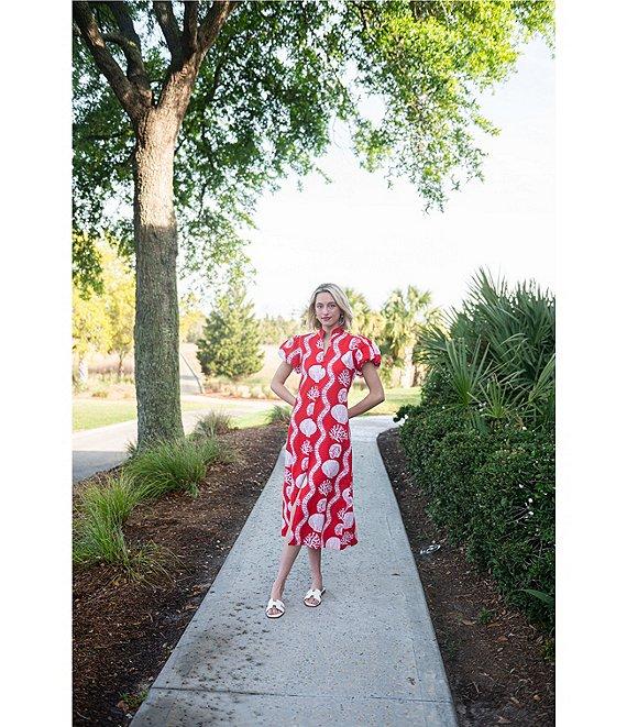 SAIL to SABLE Sea Stripe Print Mandarin Collar Short Puff Sleeve Midi Dress Product Image