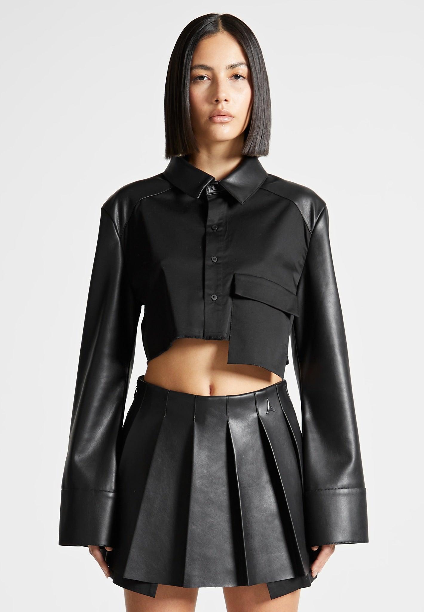 Bernadette - Leather Contrast Cropped Shirt - Black Female Product Image