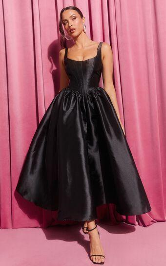Courtney Midi Dress - Corset Panel Low Back Dress in Black Product Image