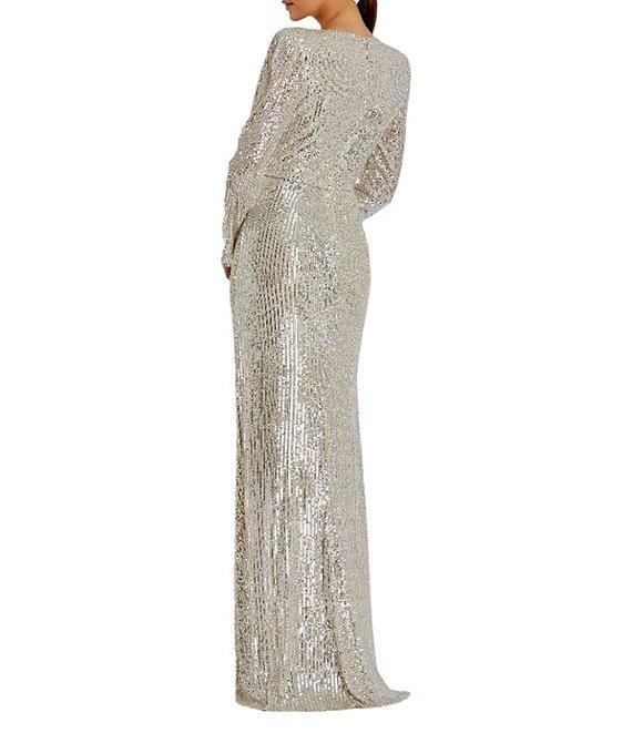 Mac Duggal Sequin Wrap Surplice V-Neck Long Sleeve Thigh High Slit Sheath Gown Product Image