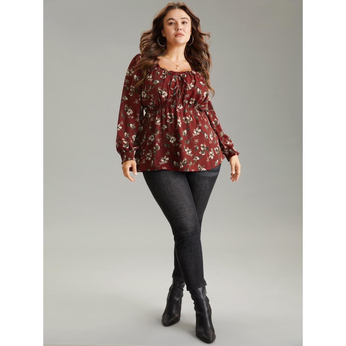 Plus Size Scarlet Ditsy Floral Shirred Ties Square Neck Blouse Women Elegant Long Sleeve Square Neck Dailywear Blouses BloomChic 14-16/1X Product Image