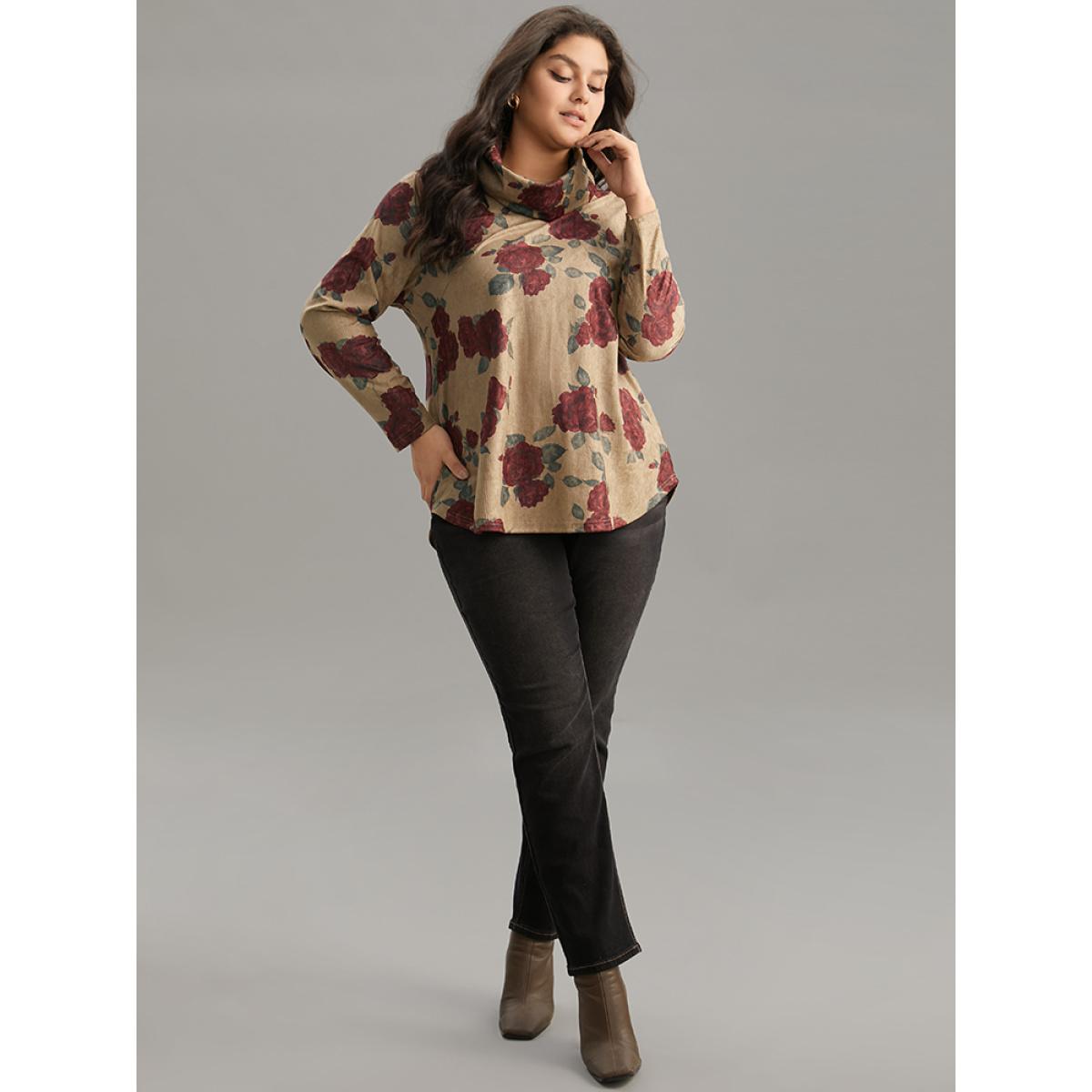 Plus Size Rose Print Textured Turtleneck T-shirt LightBrown Women Elegant Texture Floral Turtleneck Everyday T-shirts BloomChic 28/5X Product Image