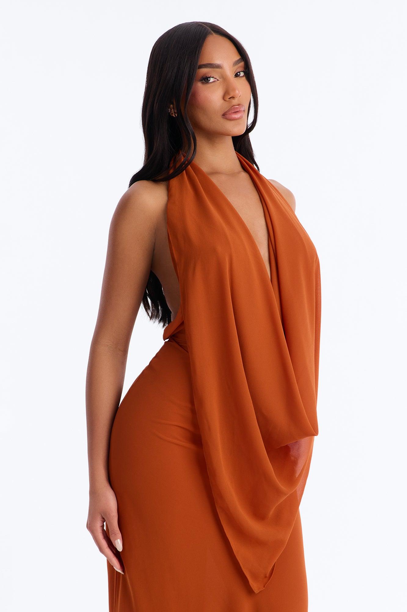 Indyah Draped Chiffon Maxi Dress - Cognac Female Product Image