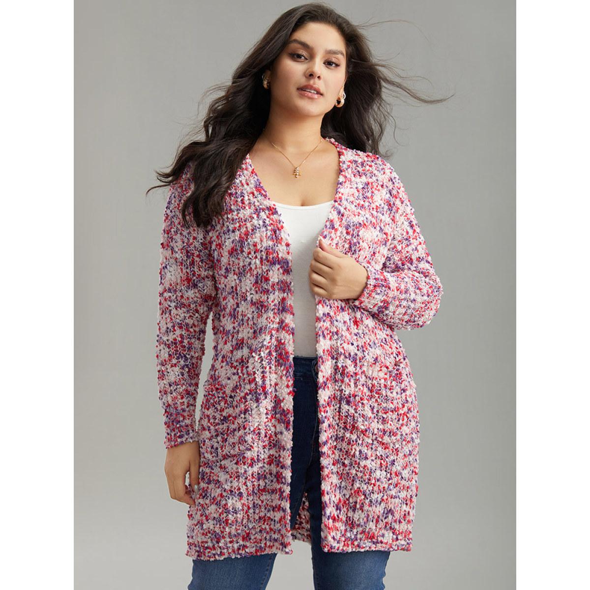 Plus Size Contrast Fuzzy Open Front Patched Pocket Cardigan Multicolor Women Casual Loose Long Sleeve Everyday Cardigans BloomChic 28/5X Product Image