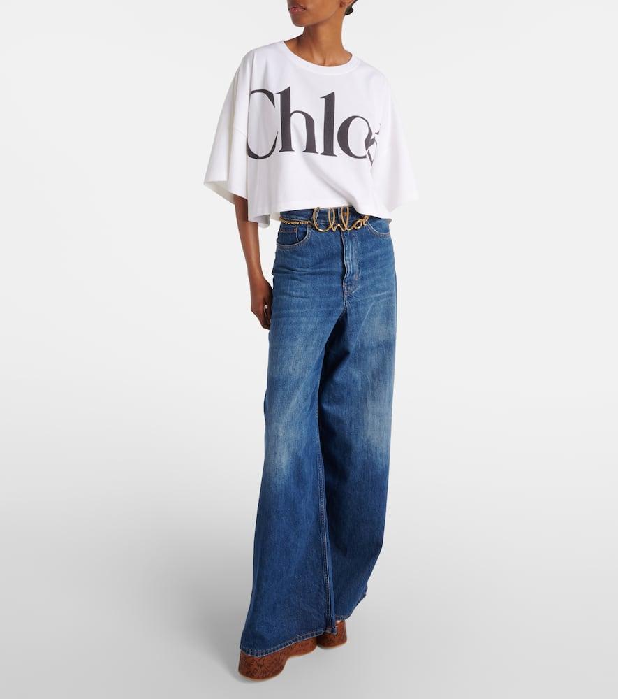 CHLOÉ White Cropped Crewneck T-shirt With Maxi Logo Print On The Front In Cotton Woman In Multicolor Product Image