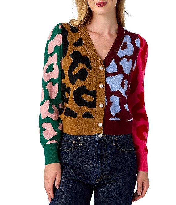 CROSBY by Mollie Burch Jovie Cashmere Blend Intarsia Knit Color Block Leopard V-Neck Long Sleeve Button Front Cardigan Product Image