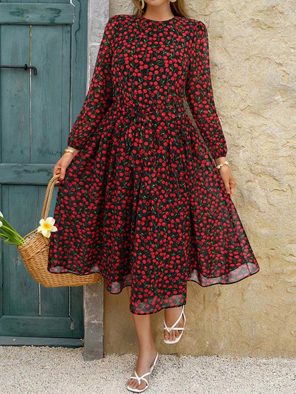 A-Line High Waisted Flower Print Tied Waist Round-Neck Midi Dresses Product Image