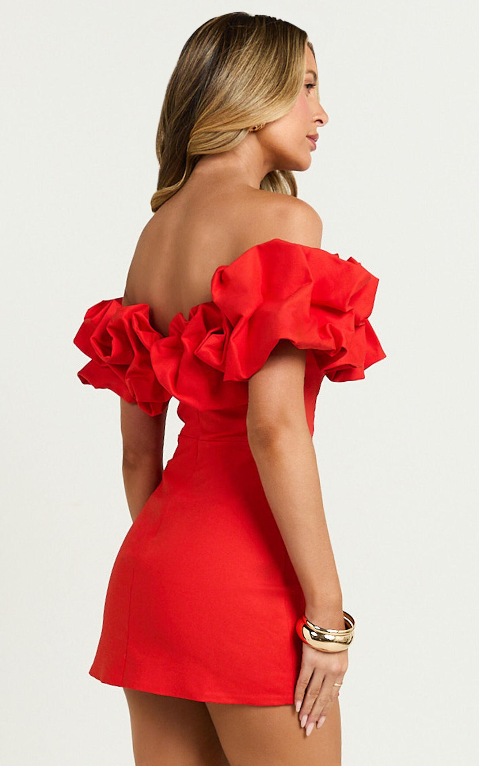 Coraline Mini Dress - Ruffle Off Shoulder Fitted Dress in Red Product Image