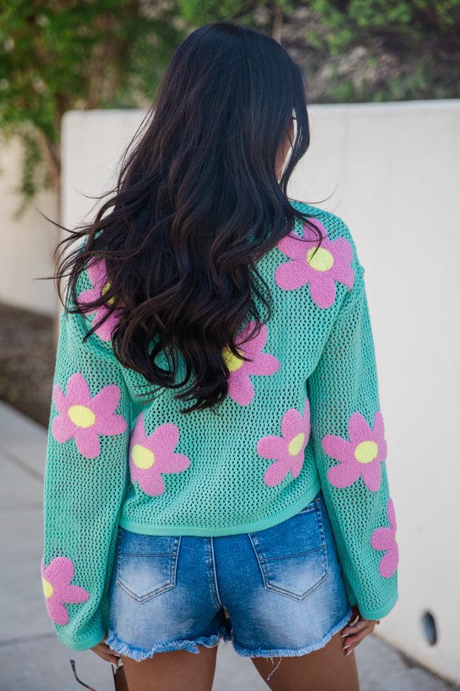 Follow You Around Mint And Pink Flower Embroidered Sweater FINAL SALE Product Image