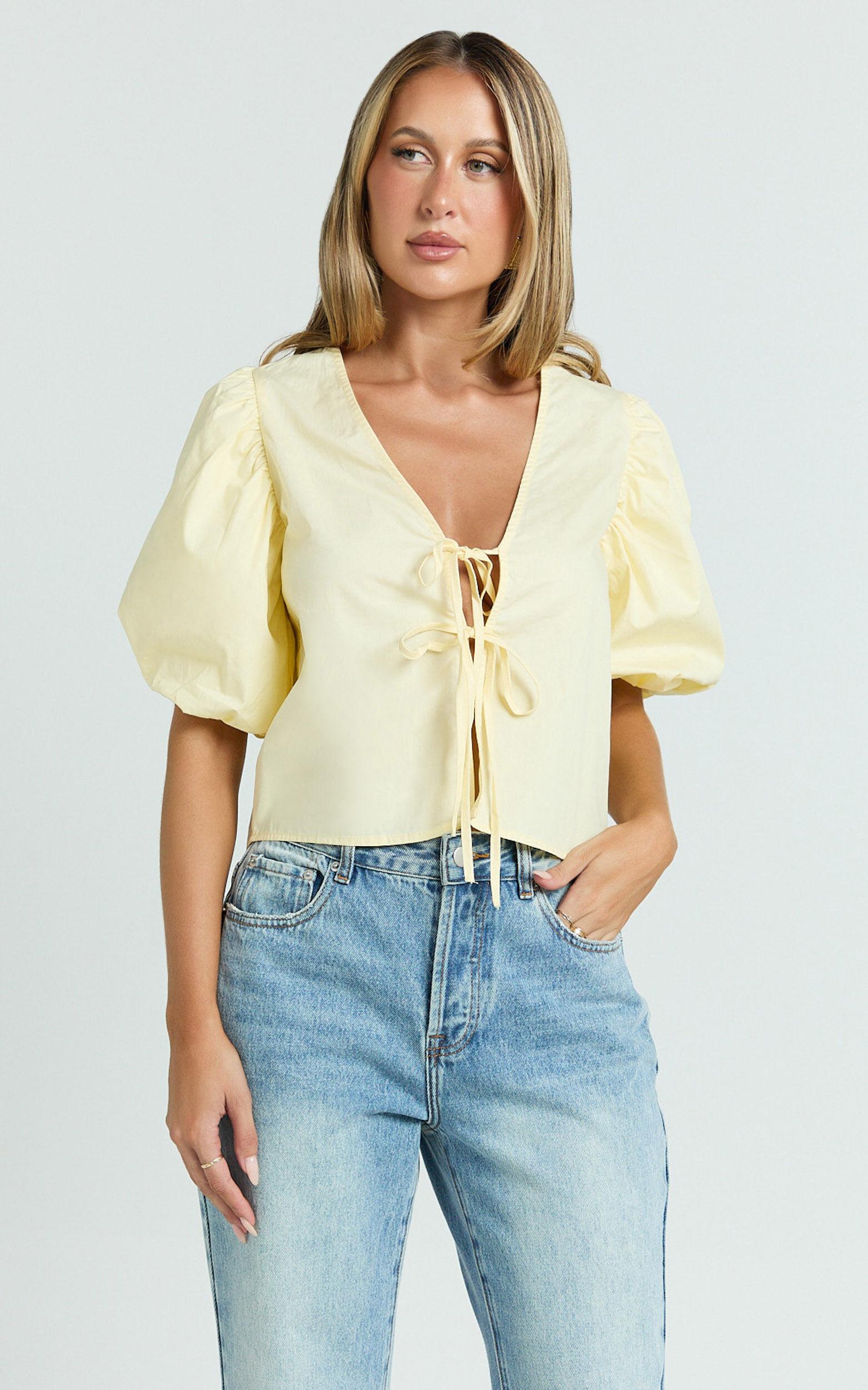 Dana Top - Bow Tie Front Puff Sleeve Blouse in Lemon Product Image