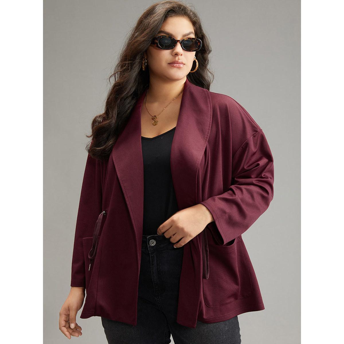 Plus Size Supersoft Essentials Lapel Collar Drawstring Pocket Jacket Women Burgundy Plain Pocket Everyday Jackets BloomChic 28/5X Product Image