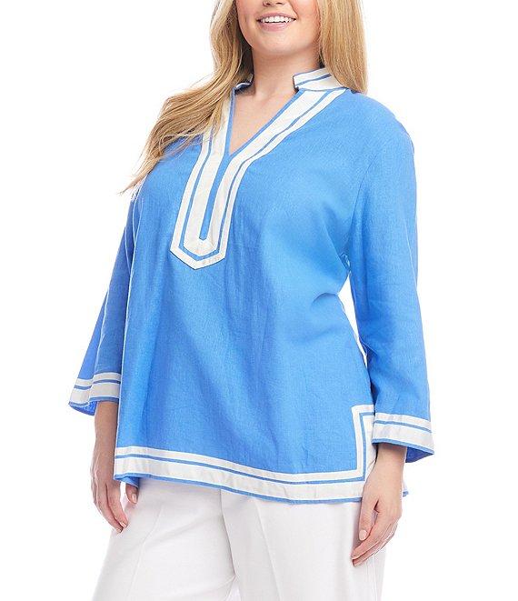 Karen Kane Plus Size St. Tropez Mandarin V-Neck Bracelet Sleeve Contrast Trim Tunic Product Image