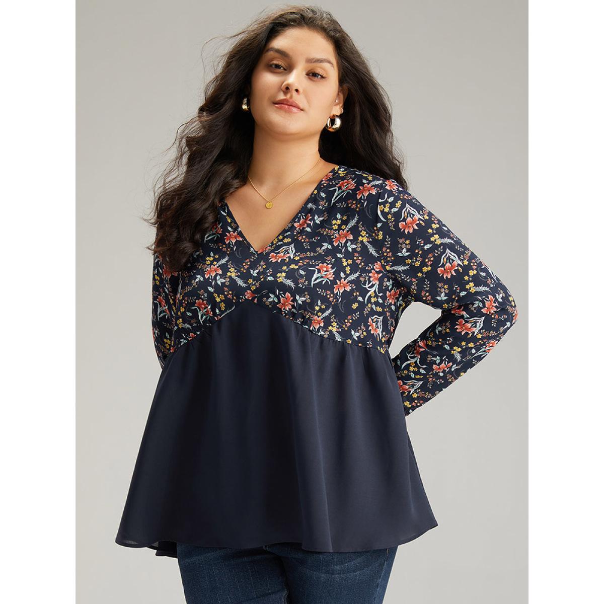 Plus Size Indigo Floral Print Patchwork Pleated Blouse Women Elegant Long Sleeve V-neck Dailywear Blouses BloomChic 22-24/3X Product Image