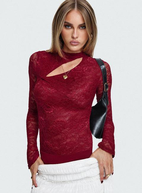 Twisted Humour Long Sleeve Lace Bodysuit Burgundy Product Image