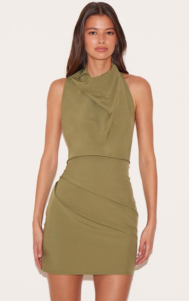 Khaki High Neck Cowl Backless Bodycon Dress Product Image