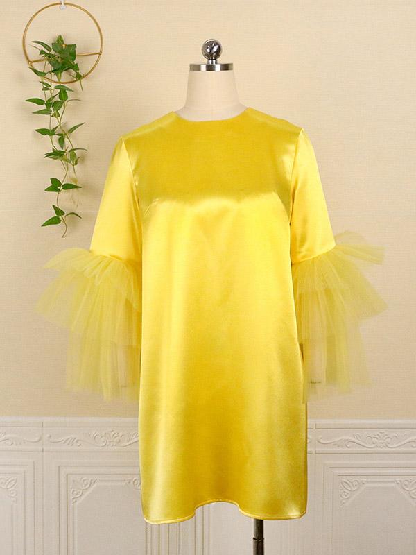 Half Sleeves Loose Shiny Solid Color Split-Joint Tulle Round-Neck Mini Dresses Product Image