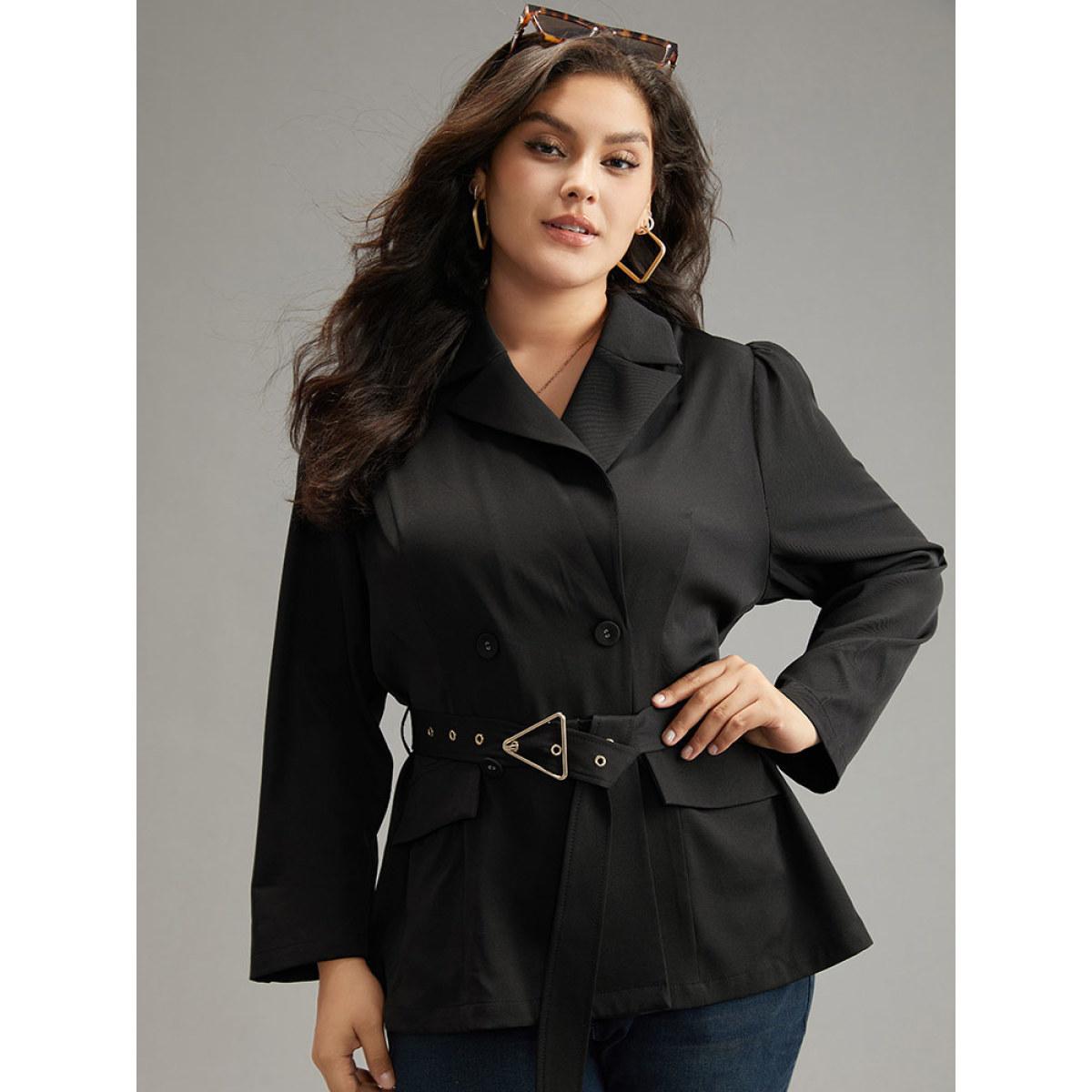 Plus Size Solid Suit Collar Buckle Detail Belted Blazer Black Women Office Plain Plain Sleeve Long Sleeve Suit Collar 18-20/2X Belt At the Office Blazers BloomChic Product Image