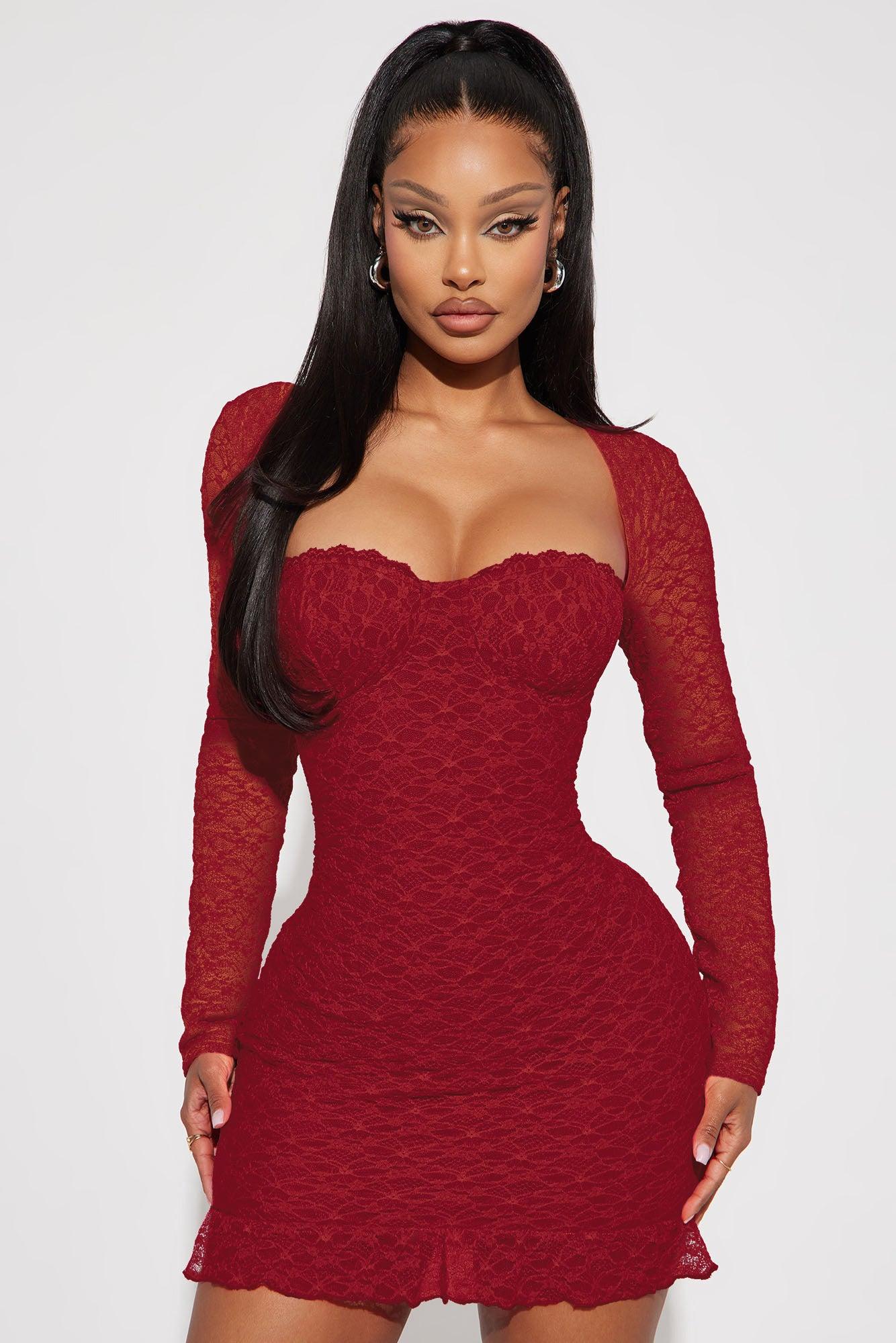 Cleo Long Sleeve Lace Mini Dress - Wine Product Image