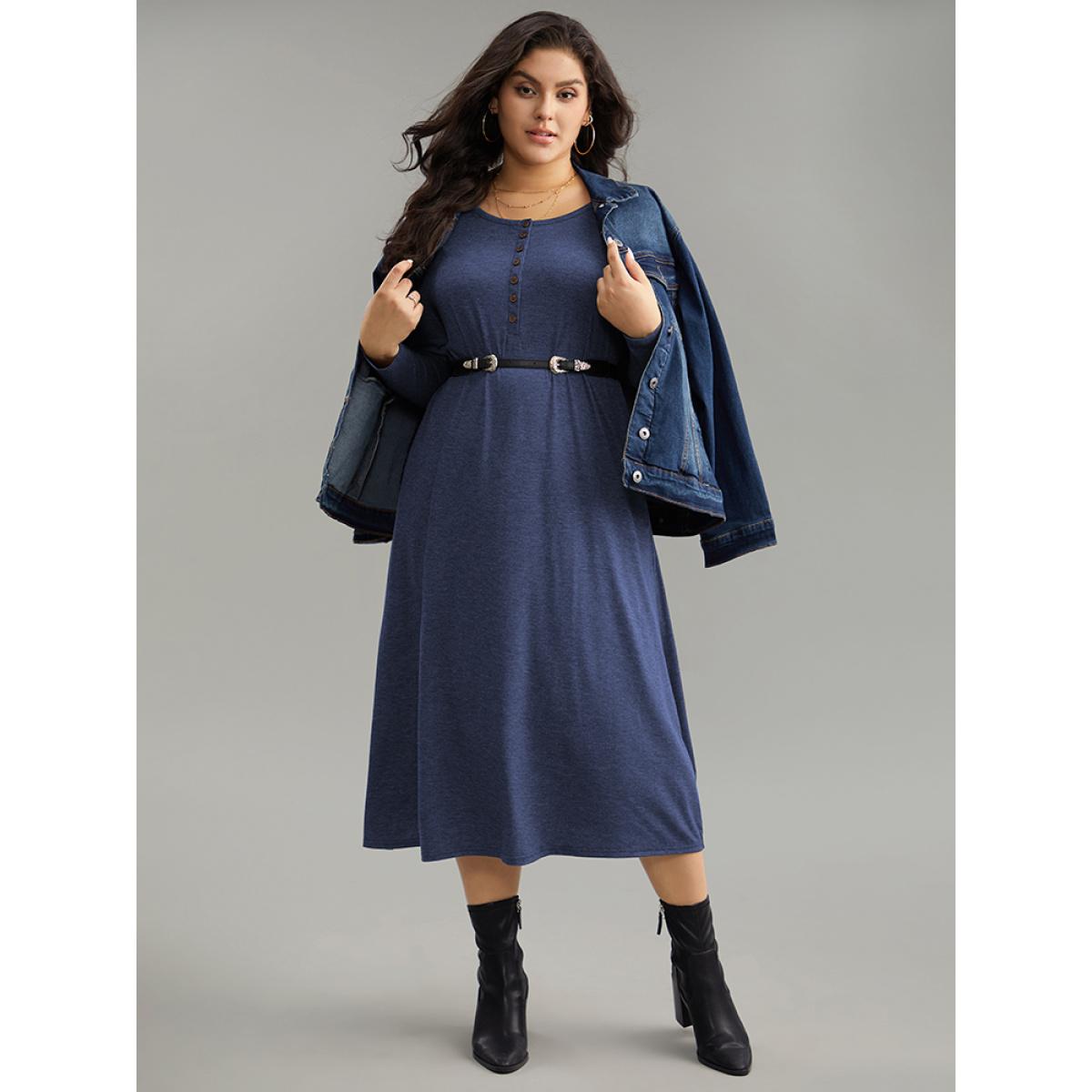 Plus Size Supersoft Solid Button Up Pocket Dress DarkBlue Women Timeless Non Round Neck Long Sleeve Curvy Midi Dress BloomChic 18-20/2X Product Image
