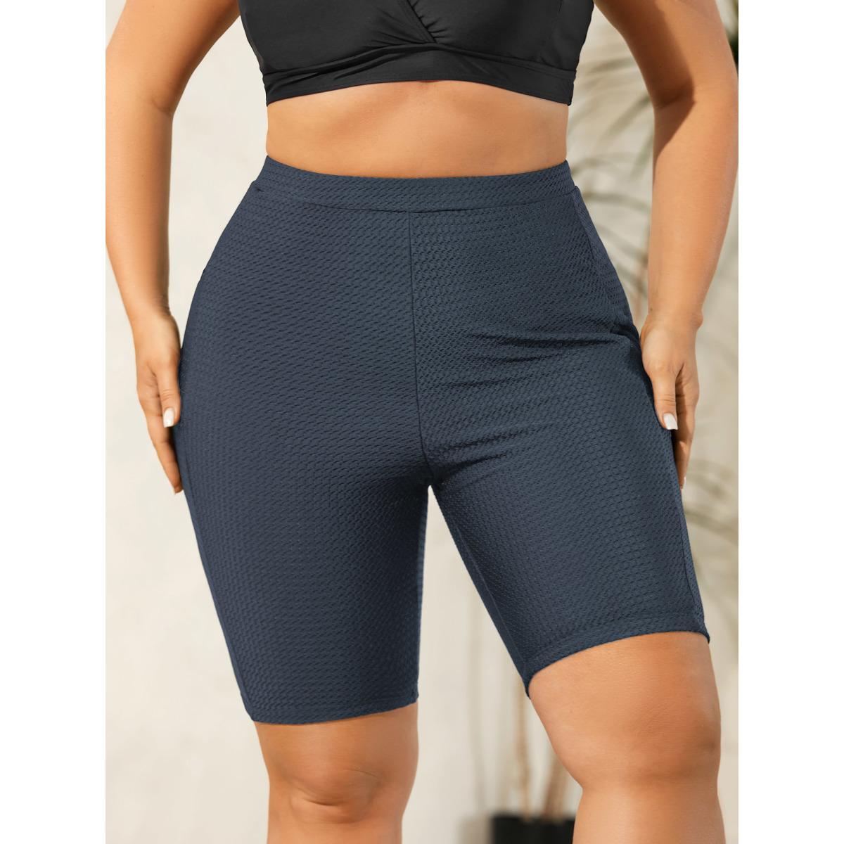 Plus Size Textured Side Pockets Sculpting Swim Bottoms Women's Swimwear Indigo Beach Texture High stretch Skinny High Rise Side seam pocket Curve Swim Bottoms BloomChic 28/5X Product Image