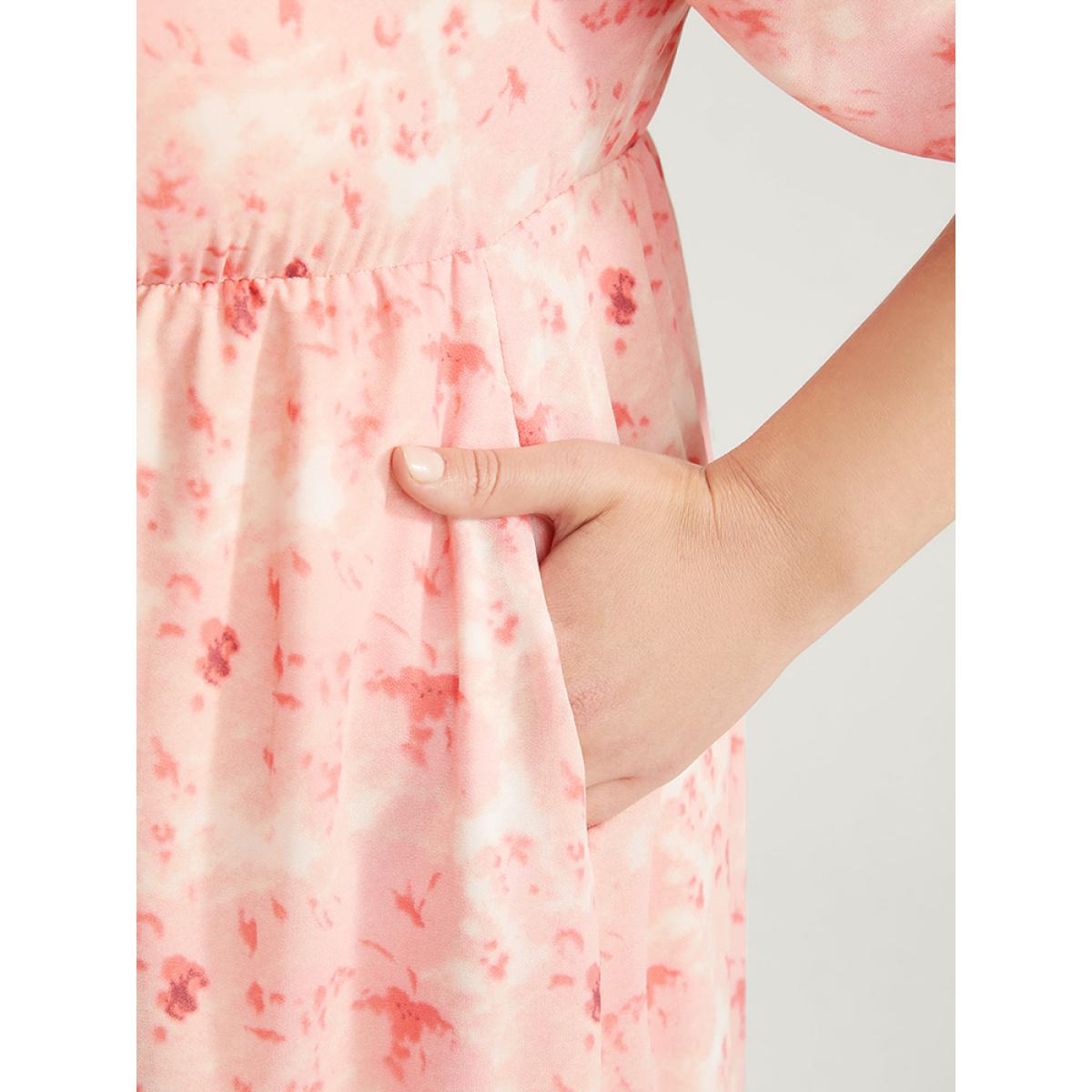 Plus Size Tie Dye Square Neck Puff Sleeve Pocket Ruffle Hem Dress Crepe Women Elegant Pocket Square Neck Short sleeve Curvy Knee Dress BloomChic 18-20/2X Product Image