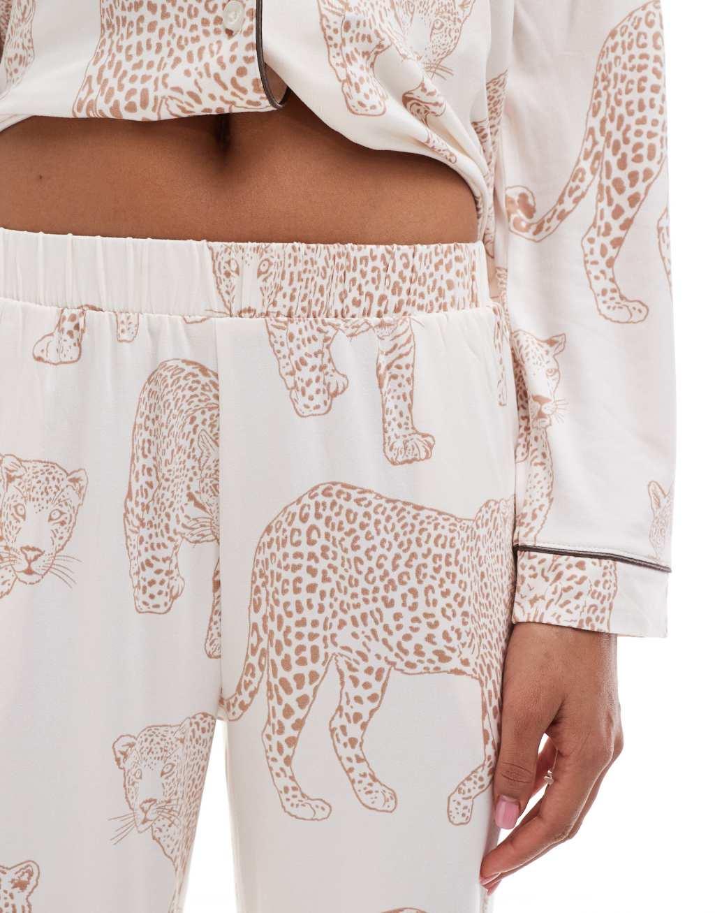 Chelsea Peers leopard print long sleeve camp collar shirt and pants pajama set in cream Product Image