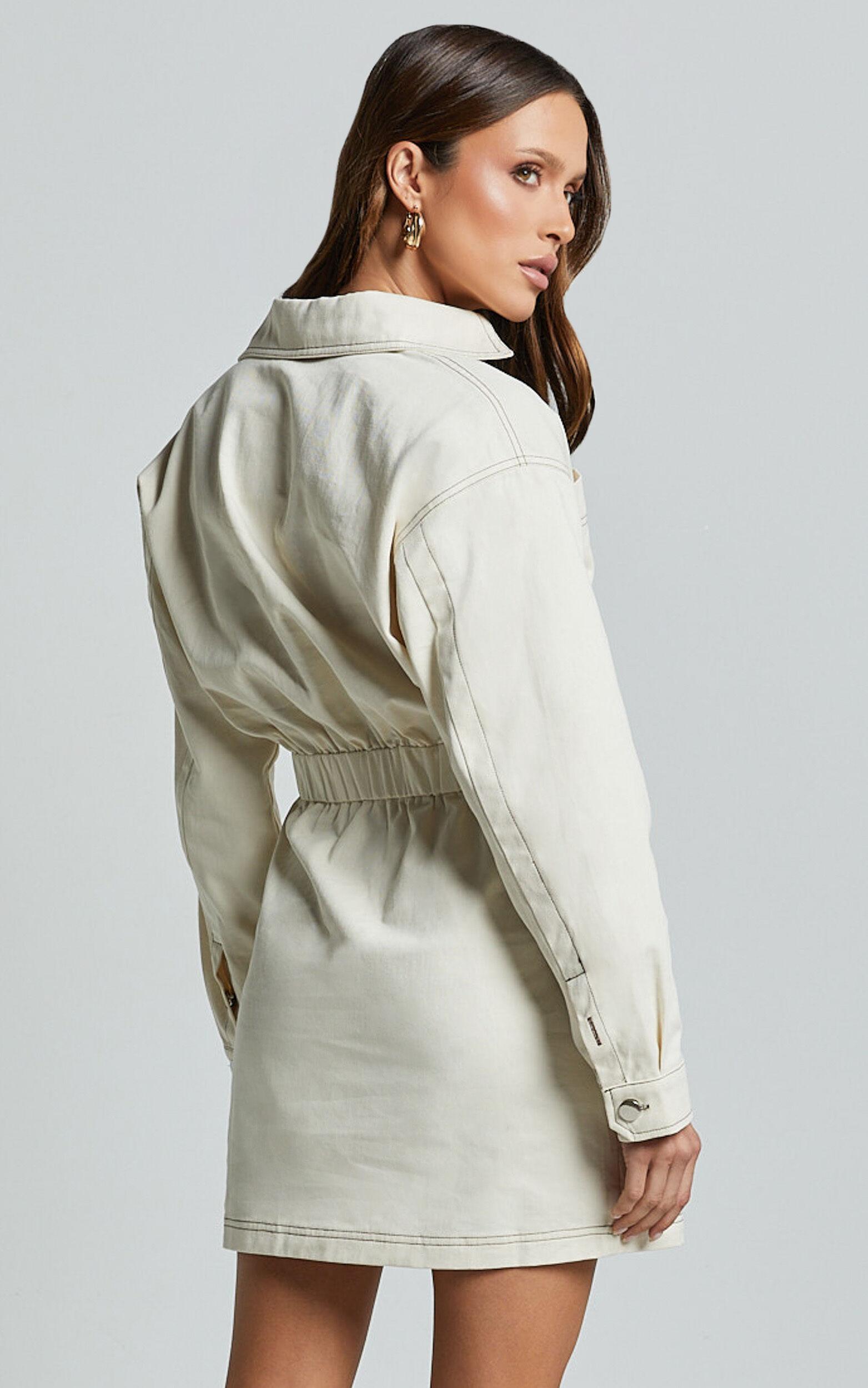 Lilianna Mini Dress - V Neck Long Sleeve Wrap Dress in Cream Product Image