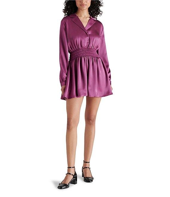 Steve Madden Valerie Satin Point Collar Long Sleeve Smocked Waist Mini Dress Product Image