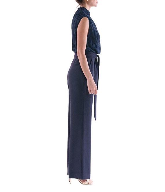 Julia Jordan Pleated Chiffon Crepe Mock Neckline Sleeveless Tie Waist Straight Leg Jumpsuit Product Image