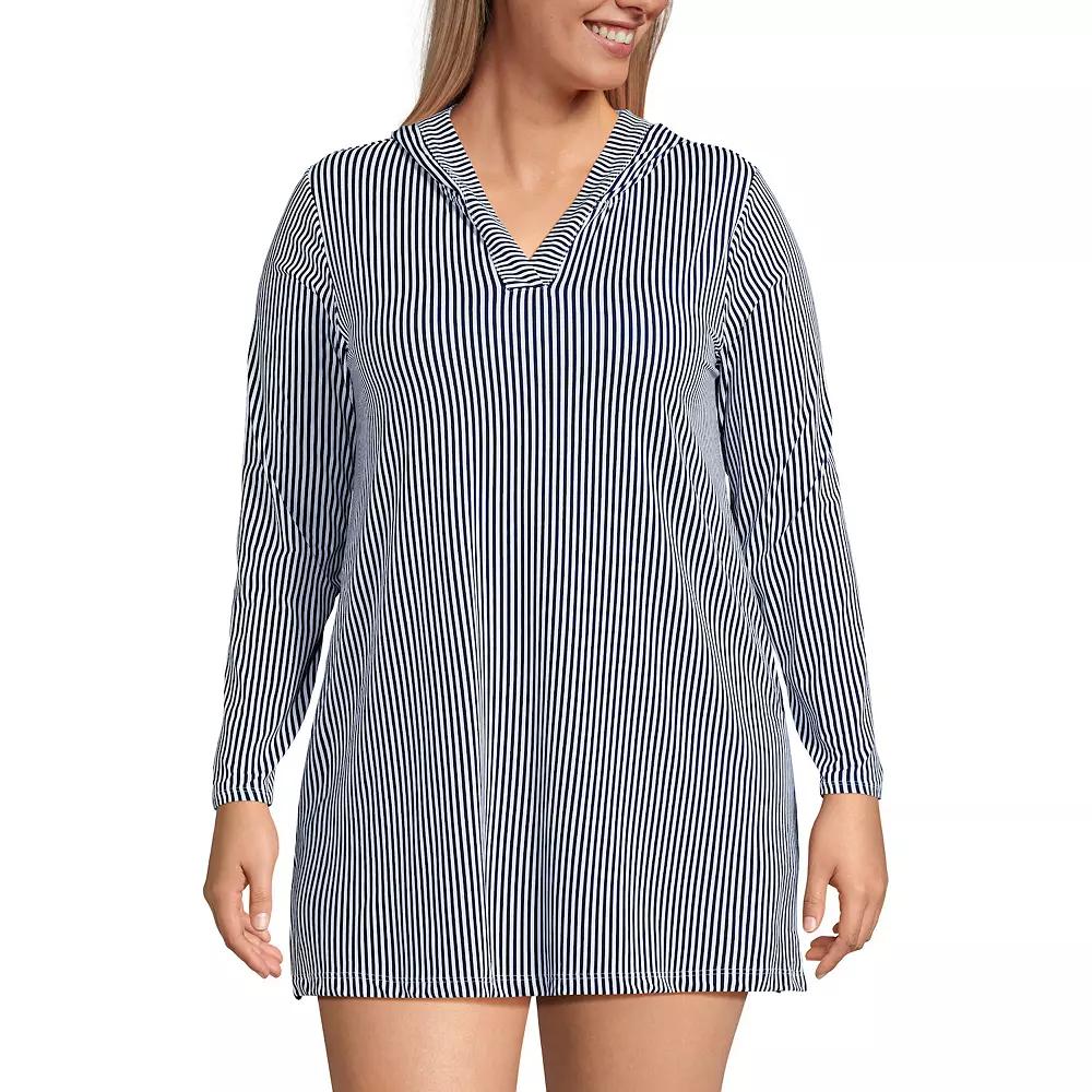 Plus Size Lands' End Hooded Mini Swim Cover-Up Dress, Women's, Size: 3XL, Blue Mini Stripe Product Image