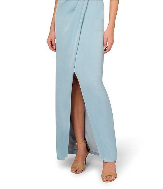 Aidan Mattox Beaded Mesh Off-The-Shoulder Cap Sleeve Satin Column Dress Product Image