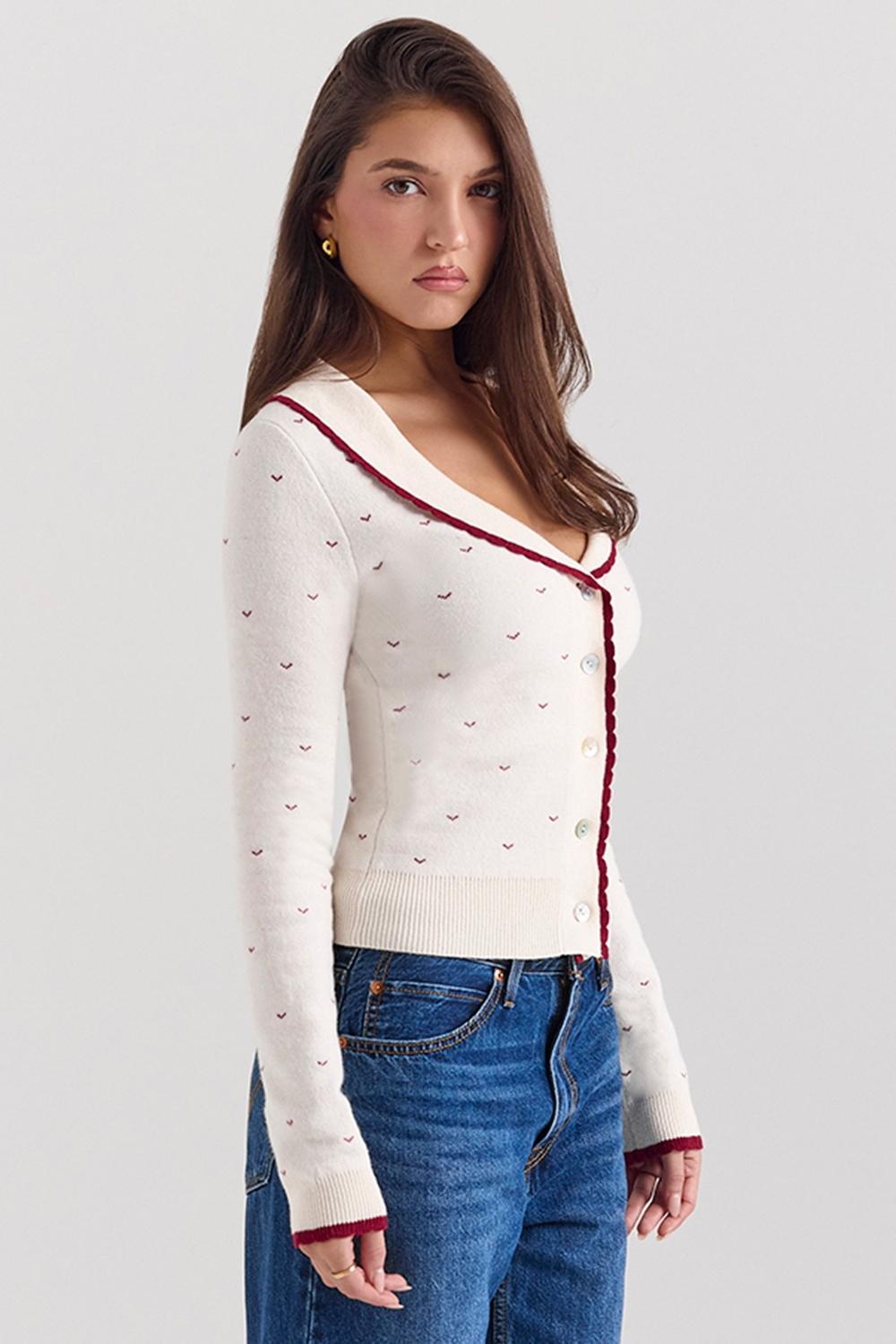 Marla  ivory cashmere blend trimmed cardigan Product Image