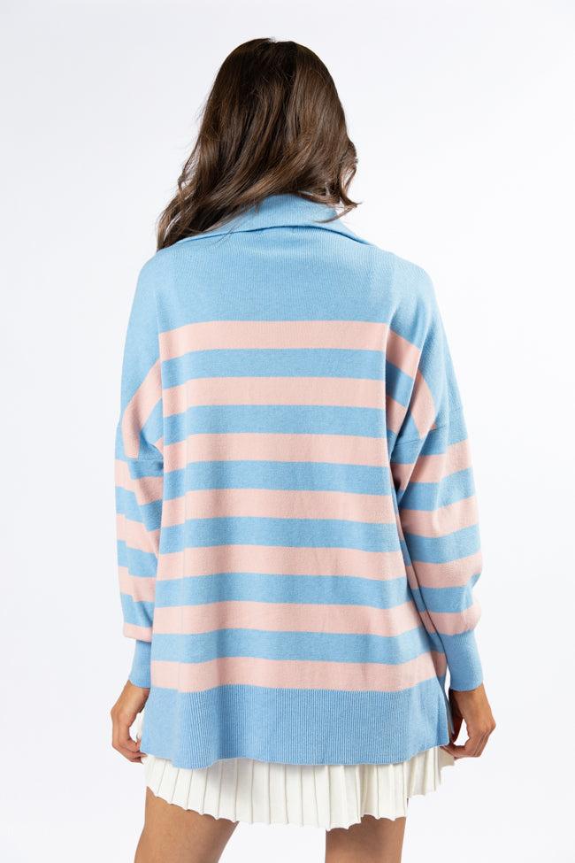 Pulling Heartstrings Blue and Coral Striped Quarter Zip Pullover FINAL SALE Product Image