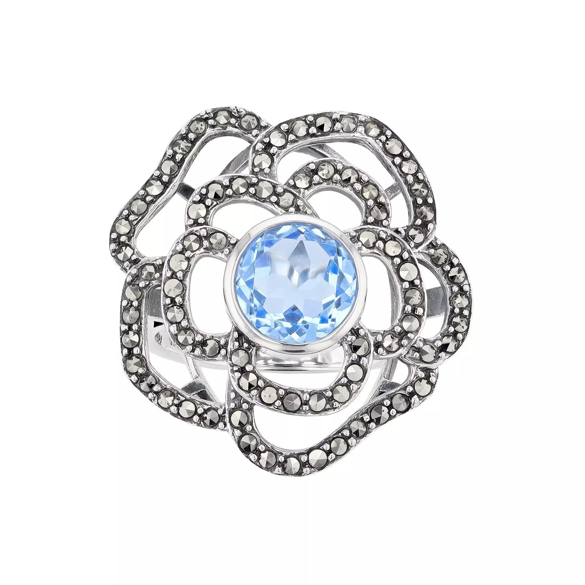 Lavish by TJM Sterling Silver Lab-Created Blue Quartz & Marcasite Rose Ring, Womens Product Image
