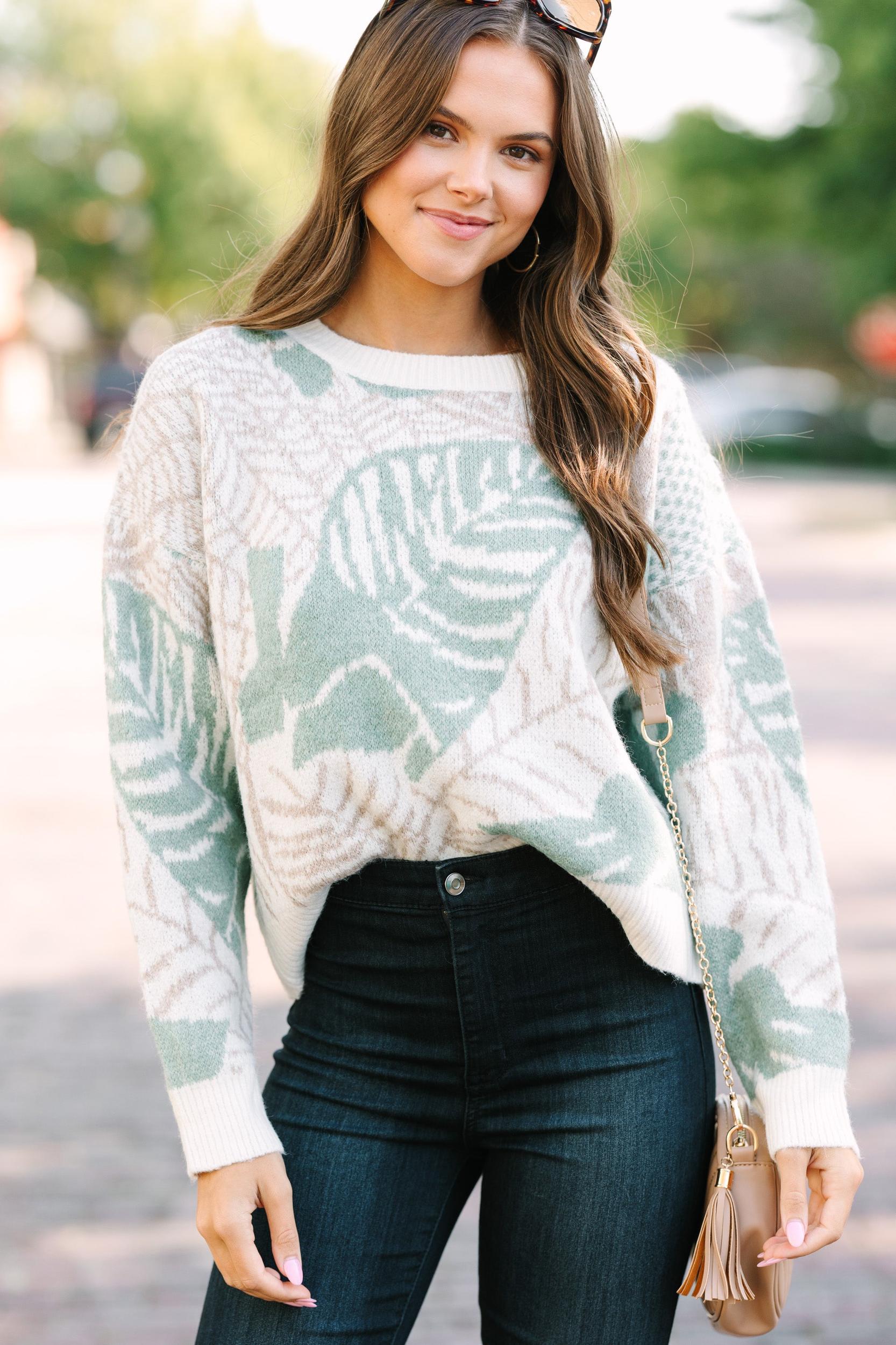 All In Love Sage Green Leaf Print Sweater Female Product Image