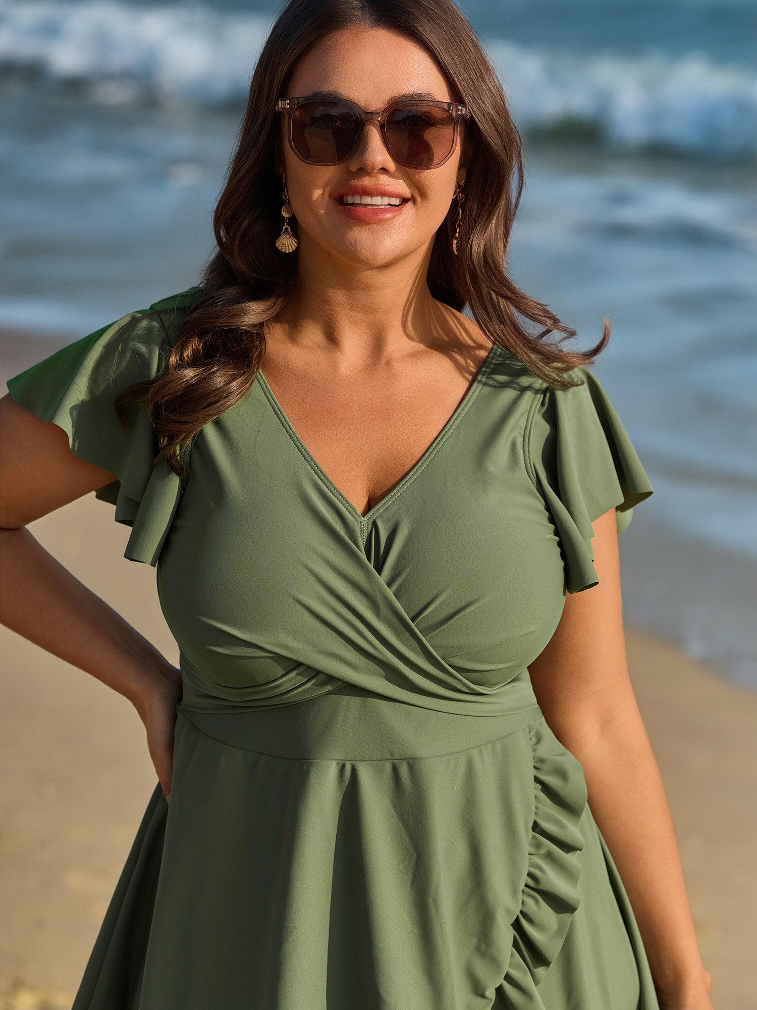 Ruffled Sleeve Curvy Hem Swim Dress Female Product Image