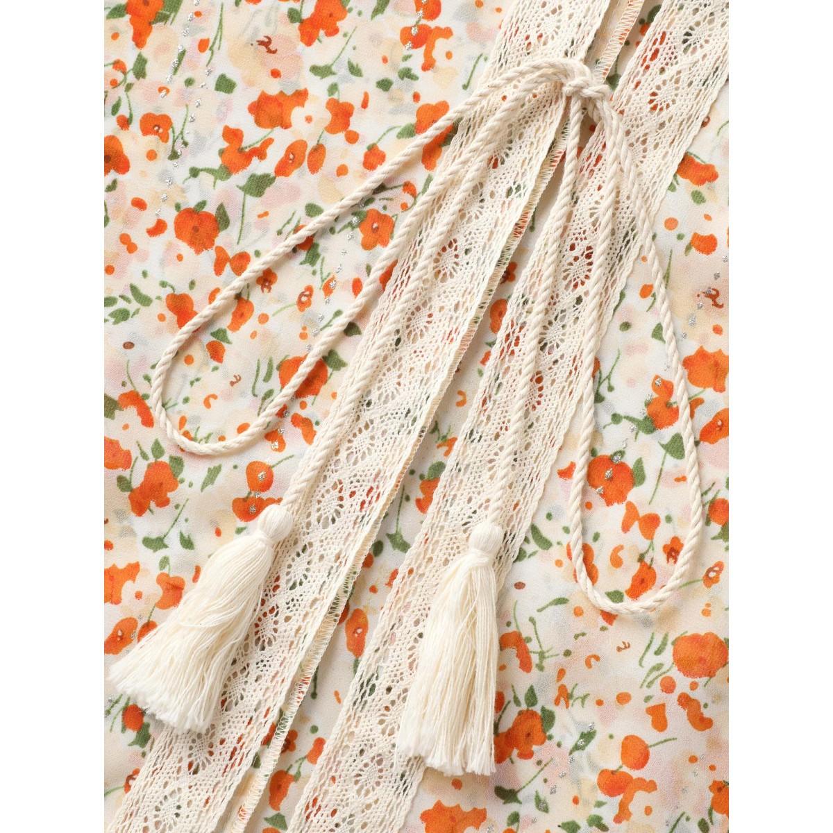 Plus Size Fine Glitter Print Front-Tie Kimono Women Brightorange Tie knot Loose Vacation Kimonos BloomChic 30/6X Product Image