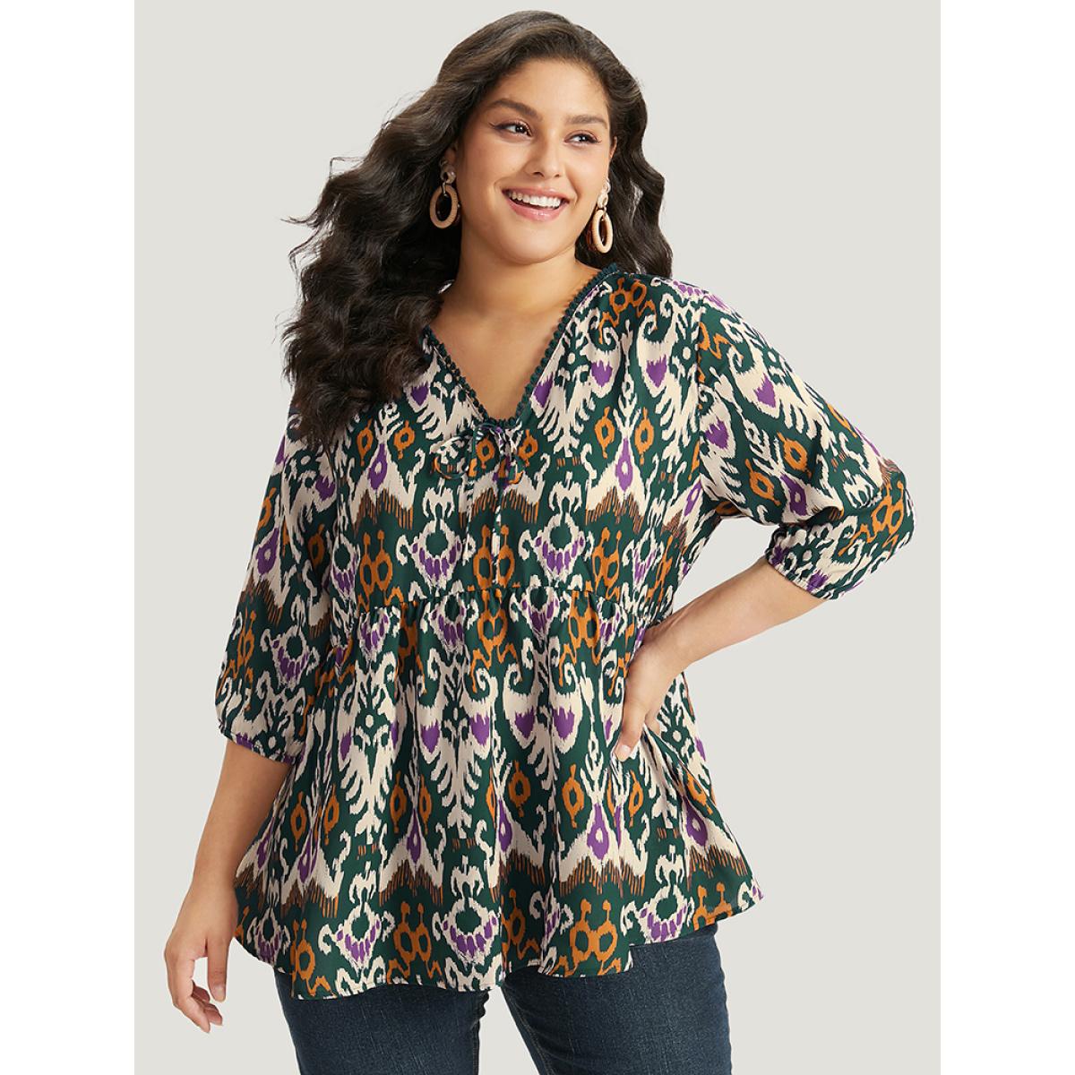 Plus Size Green Bandana Print Ties Pompom Trim Blouse Women Vacation Elbow-length sleeve V-neck Dailywear Blouses BloomChic 26/4X Product Image