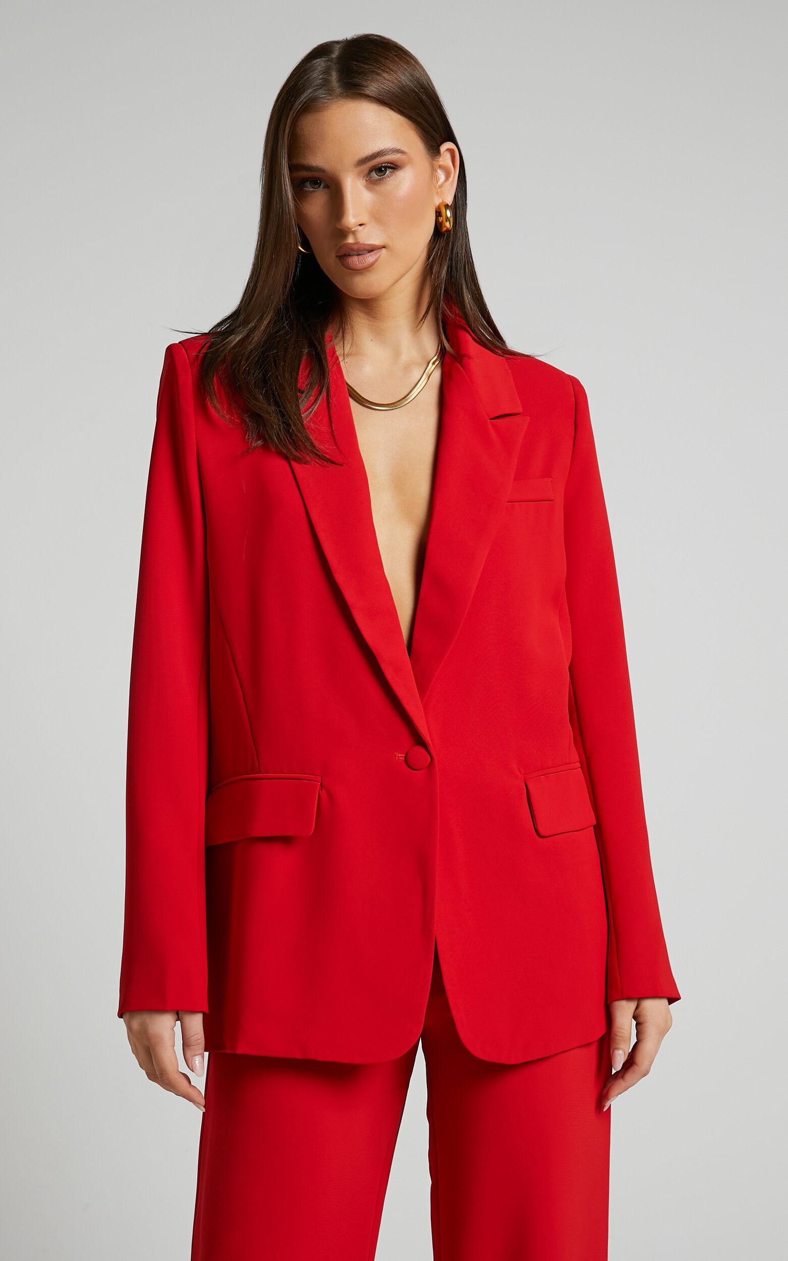 Michelle Blazer - Oversized Plunge Neck Button Up Blazer in Red Product Image
