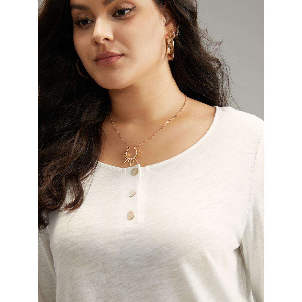 Plus Size Cotton Solid Button Up Crew Neck T-shirt White Women Casual Plain Plain Open Front Dailywear T-shirts BloomChic 14-16/1X Product Image